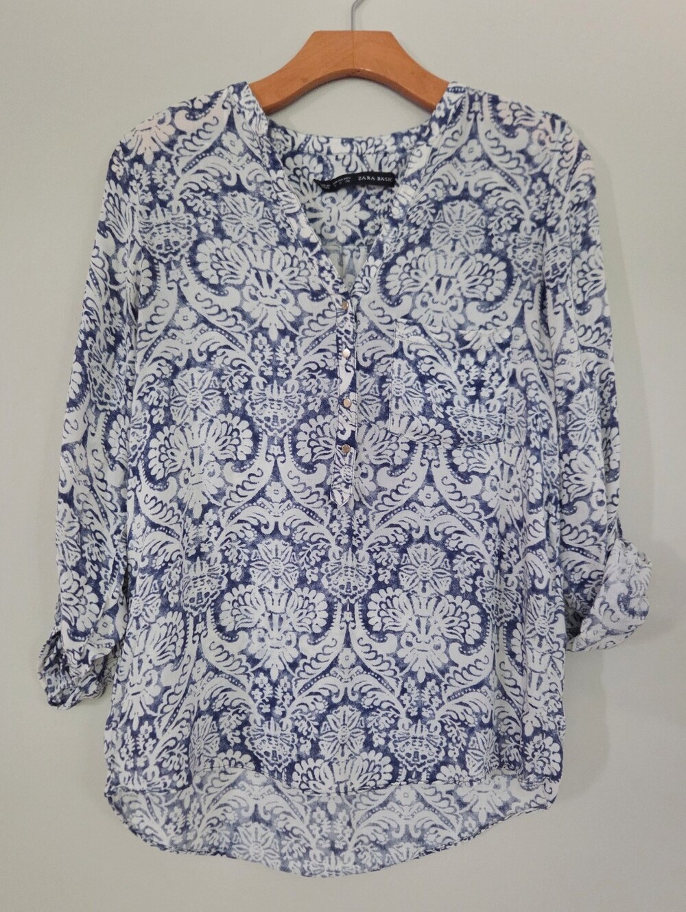 ZARA BASIC Women's Blue and Cream Patterned Long Sleeve Blouse Small